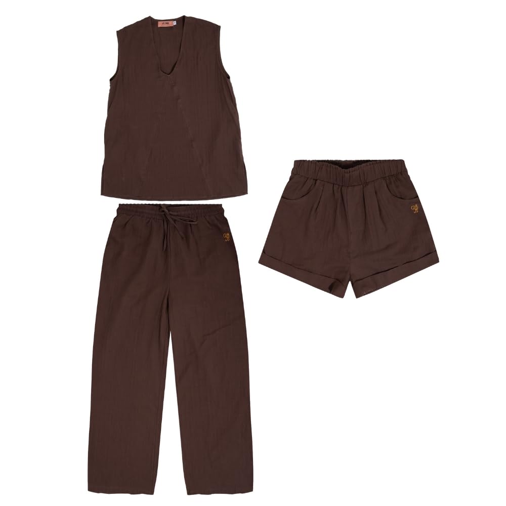 YUSHE 3 Piece 100% Cotton Cord Set for Women | Top, Pants & Shorts with Pockets | Breathable Lounge Wear for Travel
