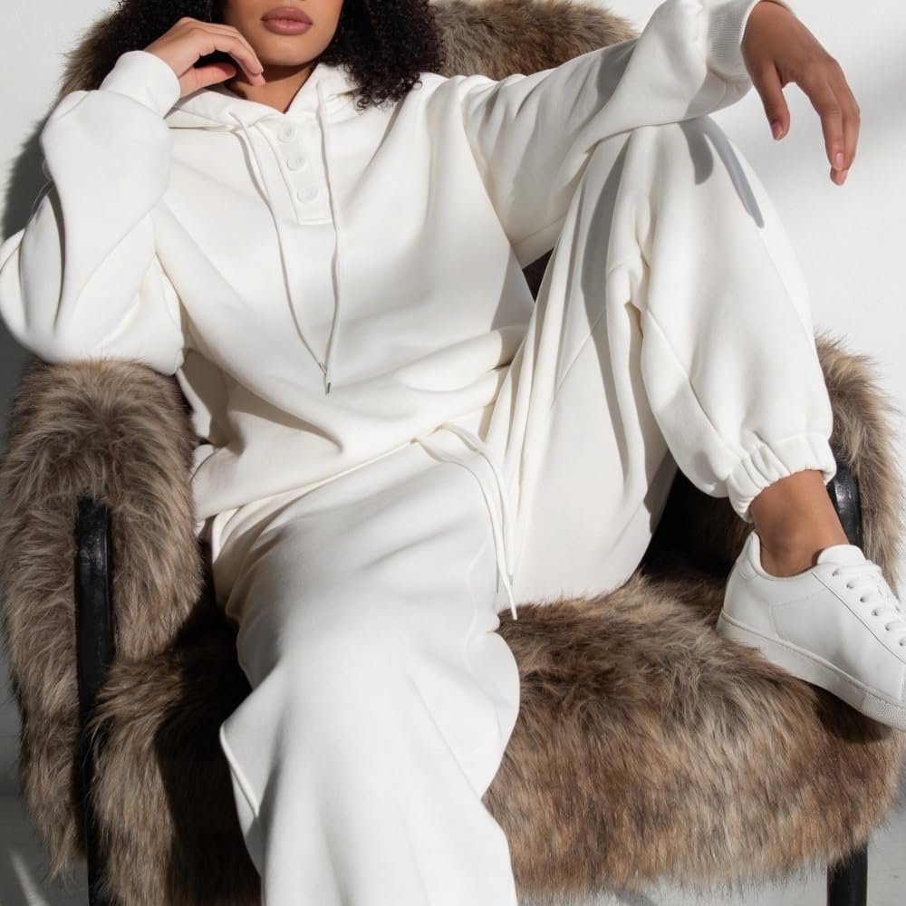 YUSHE 2 Piece Hoodie and Jogger Set for Women | Buttoned Pullover Hoodie with High Rise Joggers | Cotton Blend Sweatsuit Set