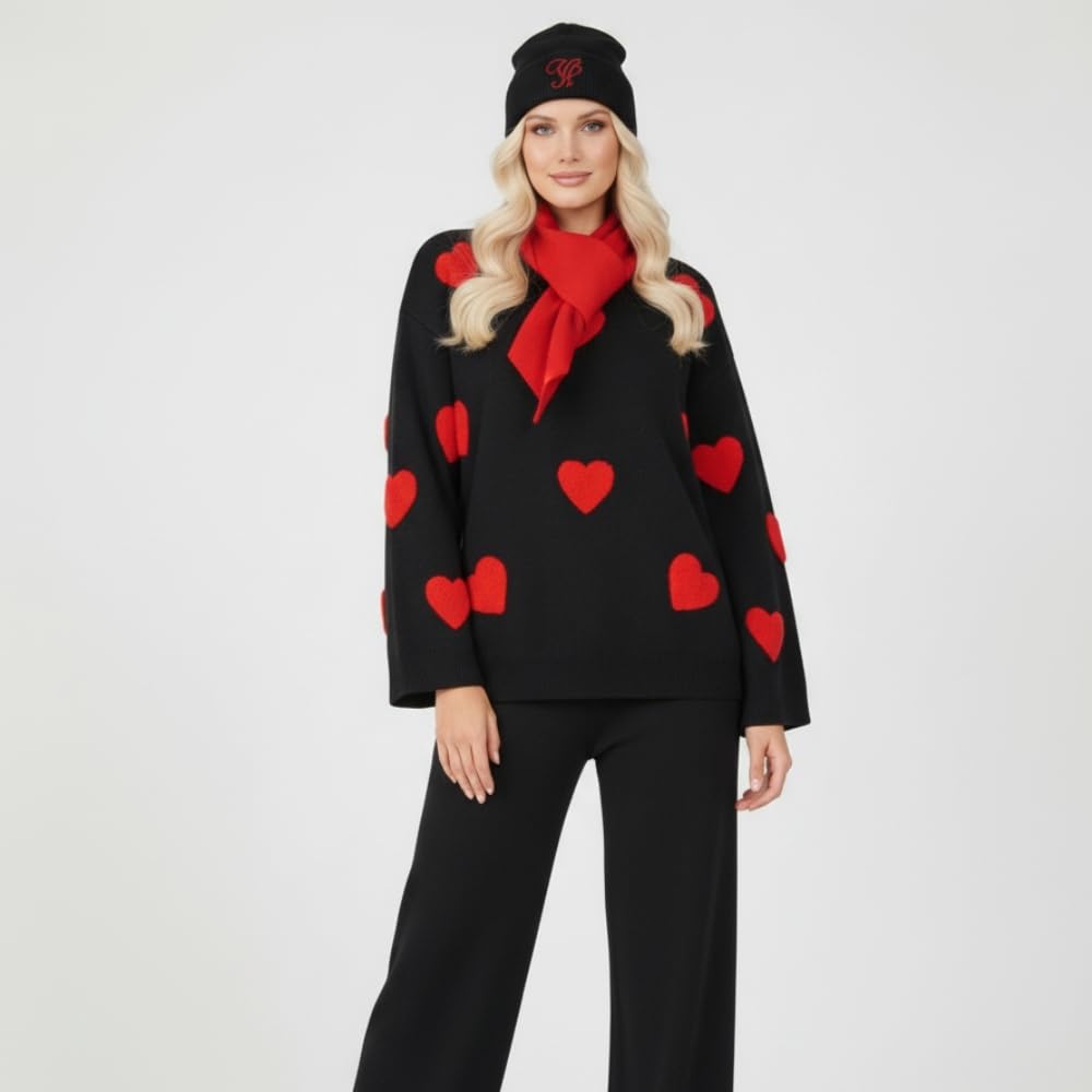 YUSHE Women’s Winter Co-Ord Set | 4-Piece 3D Heart Knit Sweater & High-Rise Pants | Matching Cap & Neck Warmer