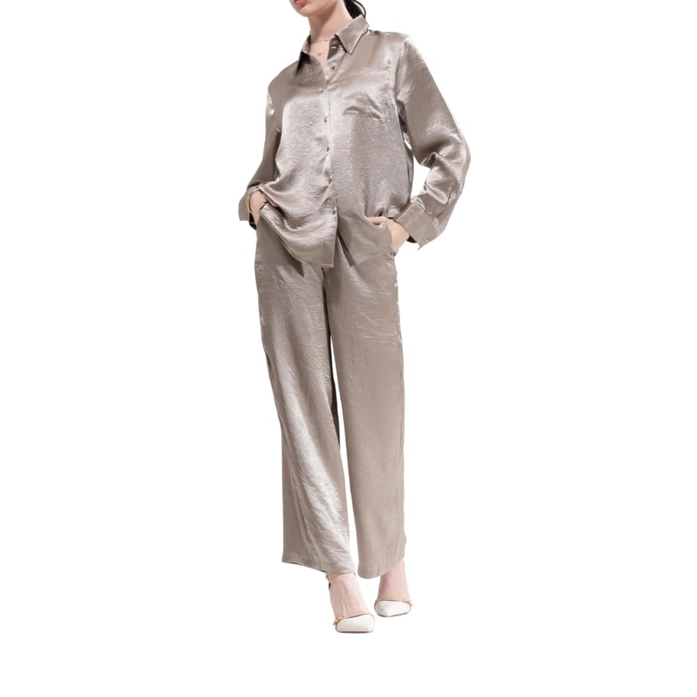 YUSHE 2-Piece Lounge Set for Women | Silky Shirt with Designer Buttons & Wide-Leg Pants with Pockets | Lounge Sets for Travel