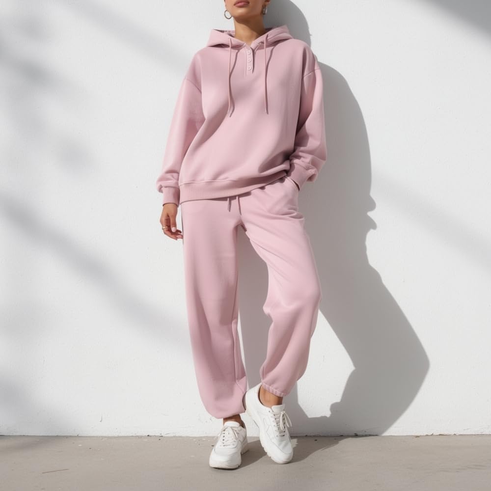 YUSHE 2 Piece Hoodie and Jogger Set for Women | Buttoned Pullover Hoodie with High Rise Joggers | Cotton Blend Sweatsuit Set