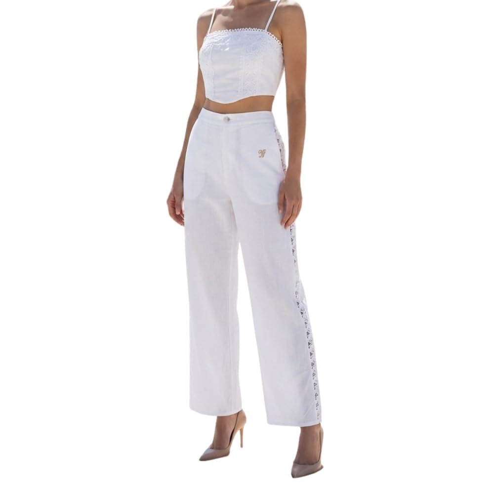 YUSHE 2-Piece Crop Top and Pants Set for Women | Lace Embroidered Top & Wide-Leg Pants with Pockets | Women Co-ord Set