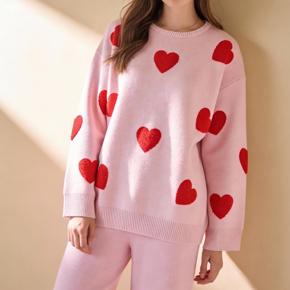 YUSHE Women Two Piece Outfit Sets | Valentine’s Lounge Set with 3D Heart Knit Sweater & High-Rise Pants | Women Winter Sets