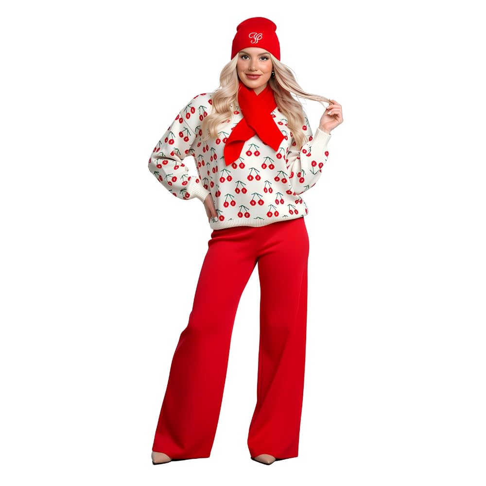 YUSHE Women’s Co-Ord Set | 4-Piece Knitted Cherry Motif Sweater & High-Rise Pants with Cap & Neck Warmer | Winter Lounge Set