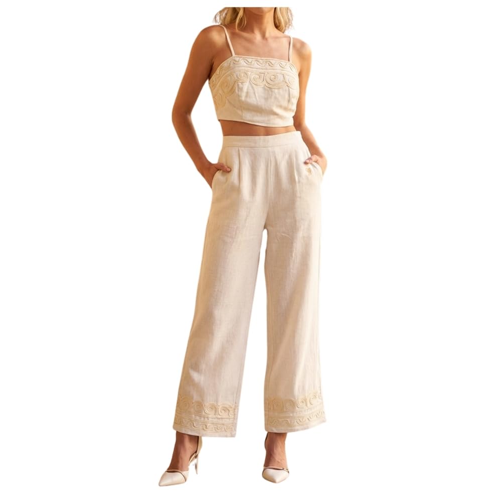 YUSHE Embroidered 2 Piece Crop Top and Pants Set | Viscose Linen Blend Cord Set | Wide Leg Pants | Vacation Outfits for Women