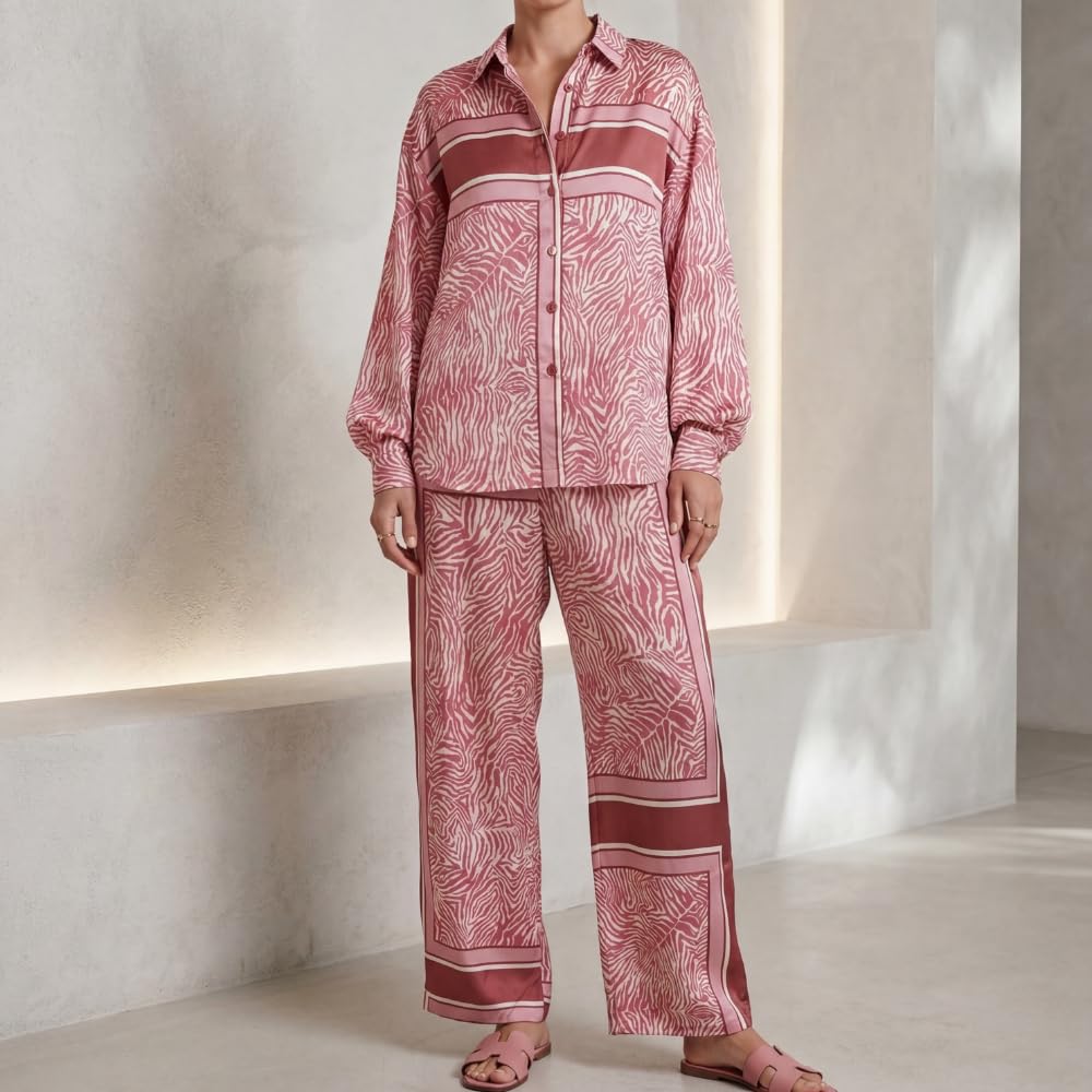 YUSHE Animal Print Co-ord Set | Lightweight Shirt and Pants Set for Women | Summer Two Piece Sets | Casual Vacation Outfits