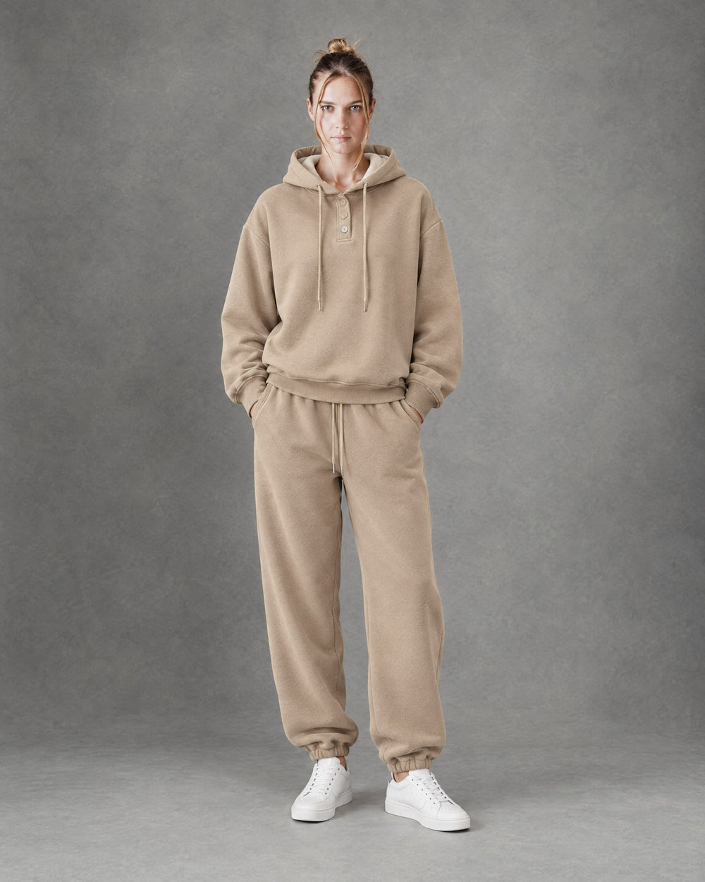 Hoodie and Joggers Set on model, Khaki