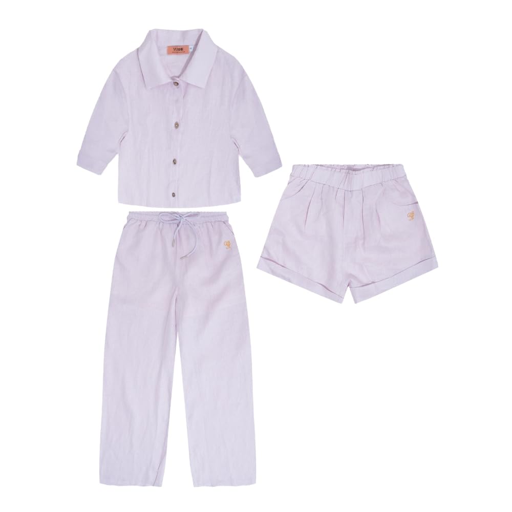 YUSHE 3 Piece Lounge Set for Women | Linen Crop Shirt with Shorts & Pants | Matching Co Ord Set | Loungewear for Travel