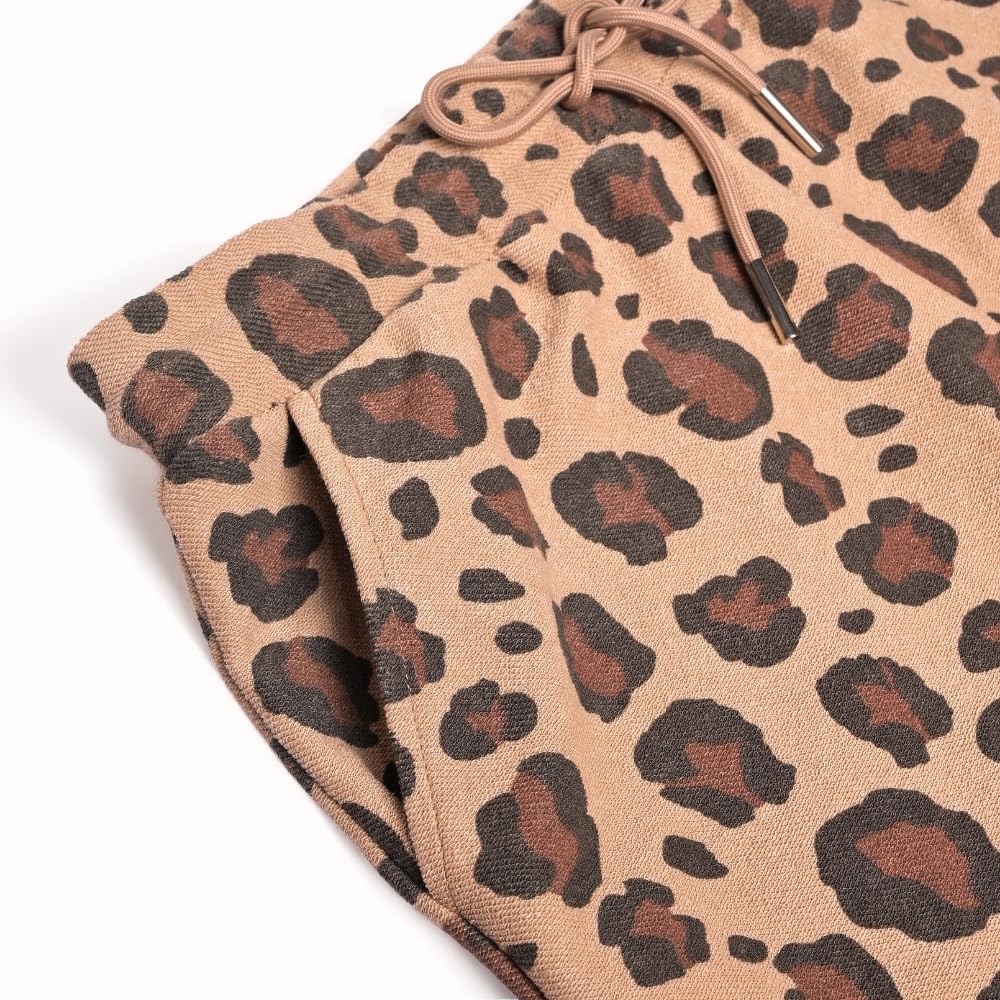 YUSHE Women 2 Piece Set Leopard Print Cap Sleeves Casual Women Top Short Matching Color Lounge Lightweight Travel Outfit
