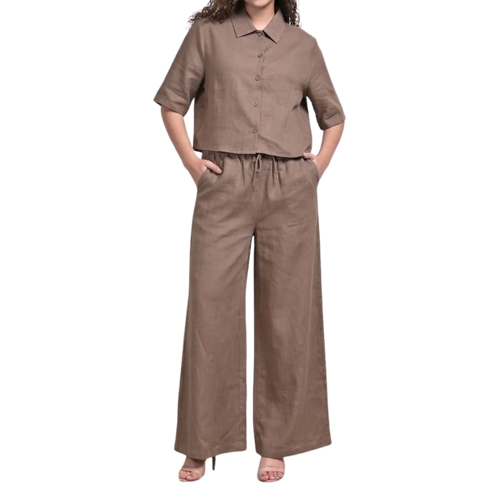 YUSHE 3 Piece Lounge Set for Women | Linen Crop Shirt with Shorts & Pants | Matching Co Ord Set | Loungewear for Travel