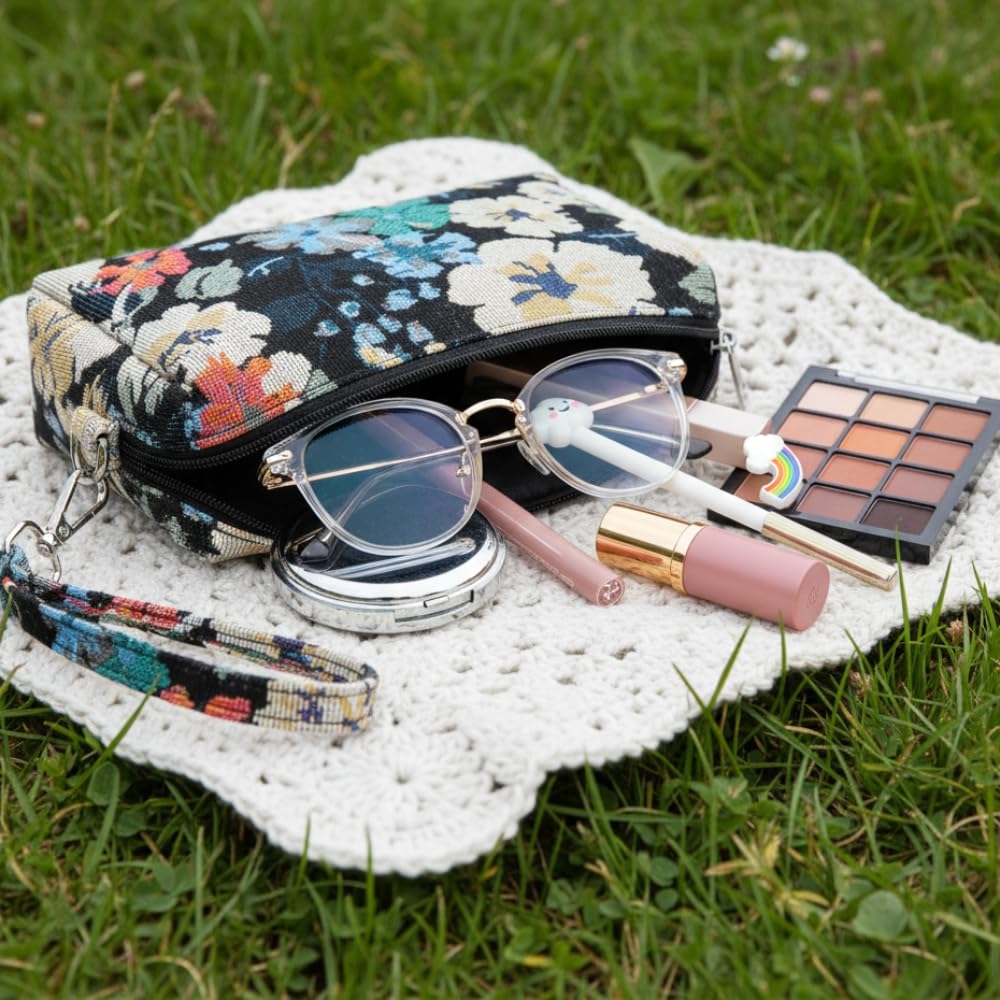 YUSHE Canvas Mini Pouch for Women | Small Travel Pouch & Makeup Bag with Zipper | Floral & Graffiti Fabric Bag for Daily Use
