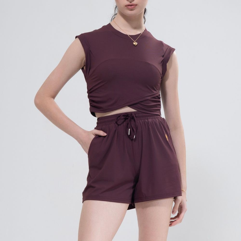 YUSHE 3 Piece Co Ord Set for Women | Ruched Top with Wide Leg Pants & Shorts | 3-in-1 Active & Lounge Wear for Travel