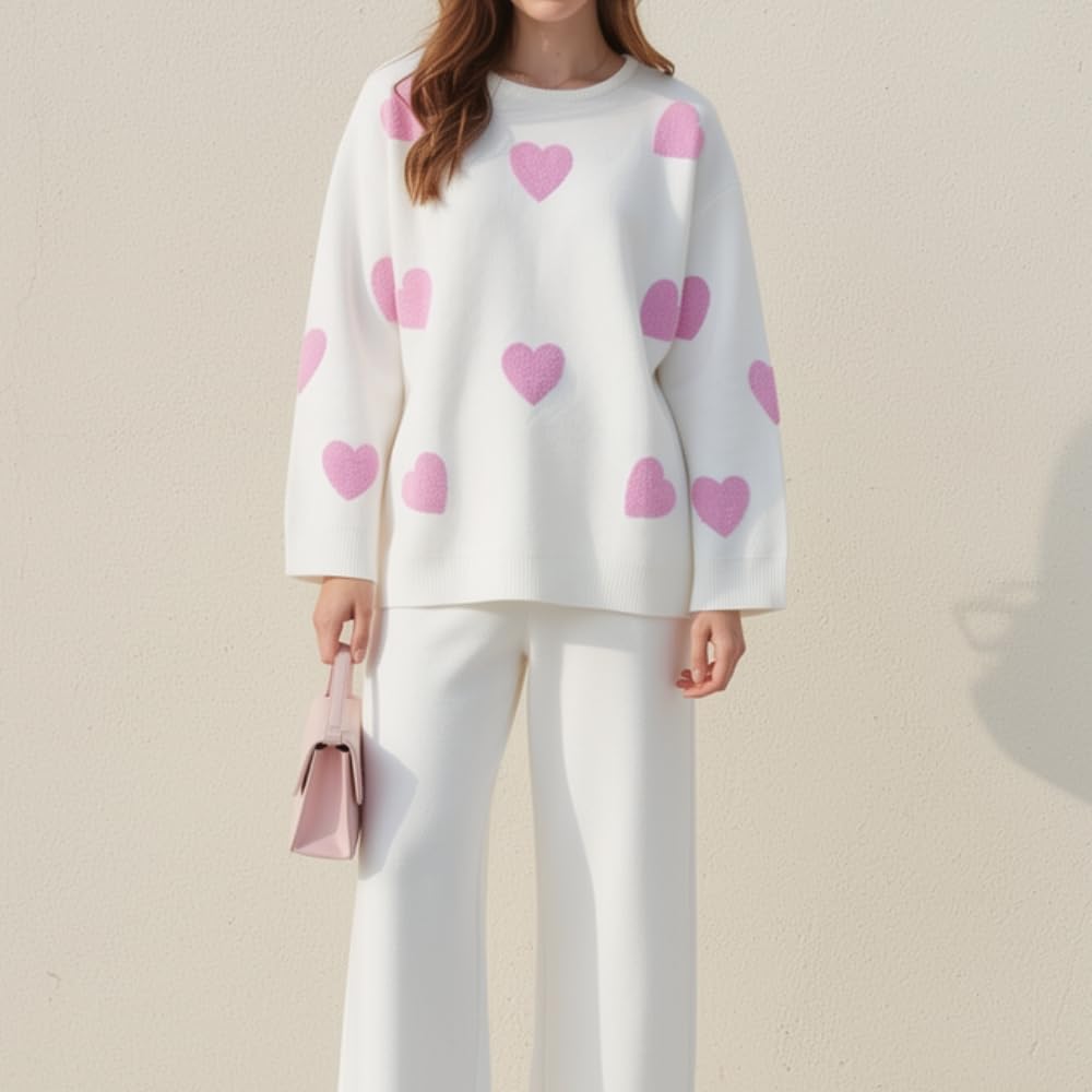 YUSHE Women Two Piece Outfit Sets | Valentine’s Lounge Set with 3D Heart Knit Sweater & High-Rise Pants | Women Winter Sets