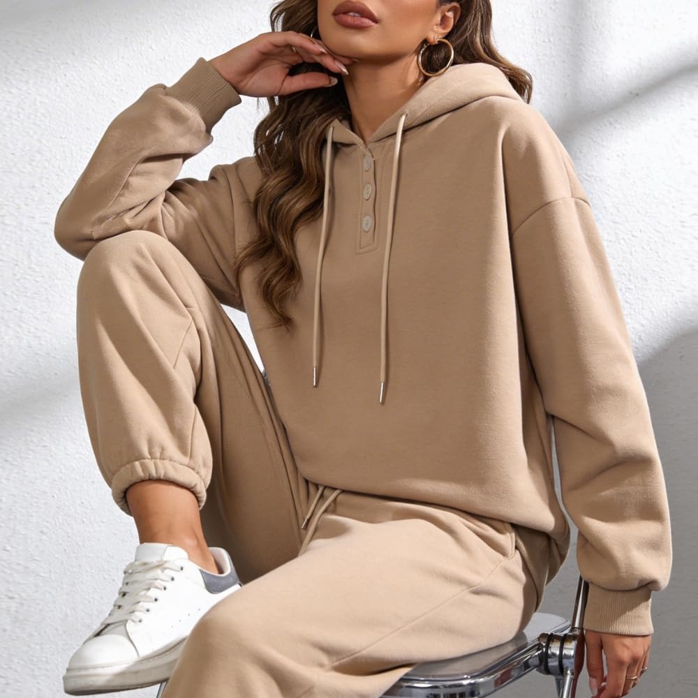 YUSHE 2 Piece Hoodie and Jogger Set for Women | Buttoned Pullover Hoodie with High Rise Joggers | Cotton Blend Sweatsuit Set