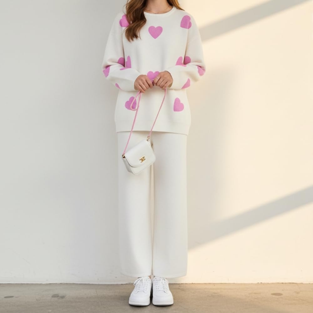 YUSHE Women Two Piece Outfit Sets | Valentine’s Lounge Set with 3D Heart Knit Sweater & High-Rise Pants | Women Winter Sets