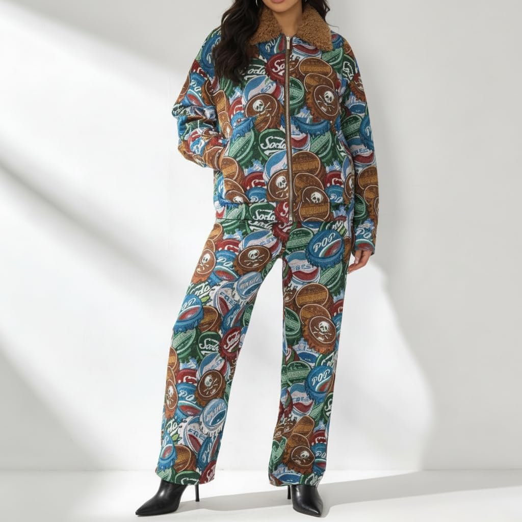 YUSHE Two Piece Jacket and Pants Set for Women | Zipper Jacket with Detachable Faux Fur Collar | Blue Floral Motif Winter Set