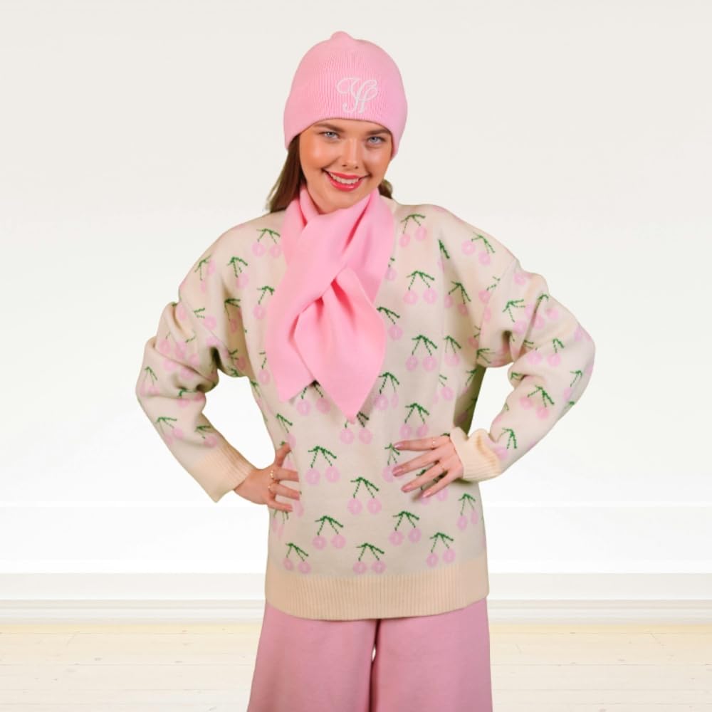 YUSHE Women’s Co-Ord Set | 4-Piece Knitted Cherry Motif Sweater & High-Rise Pants with Cap & Neck Warmer | Winter Lounge Set