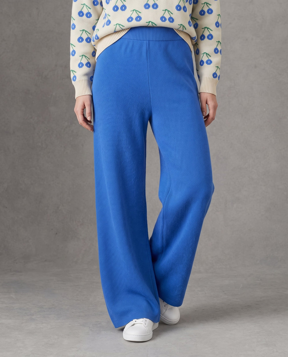 Cherry Knit High-Rise Pants, Blue, on model