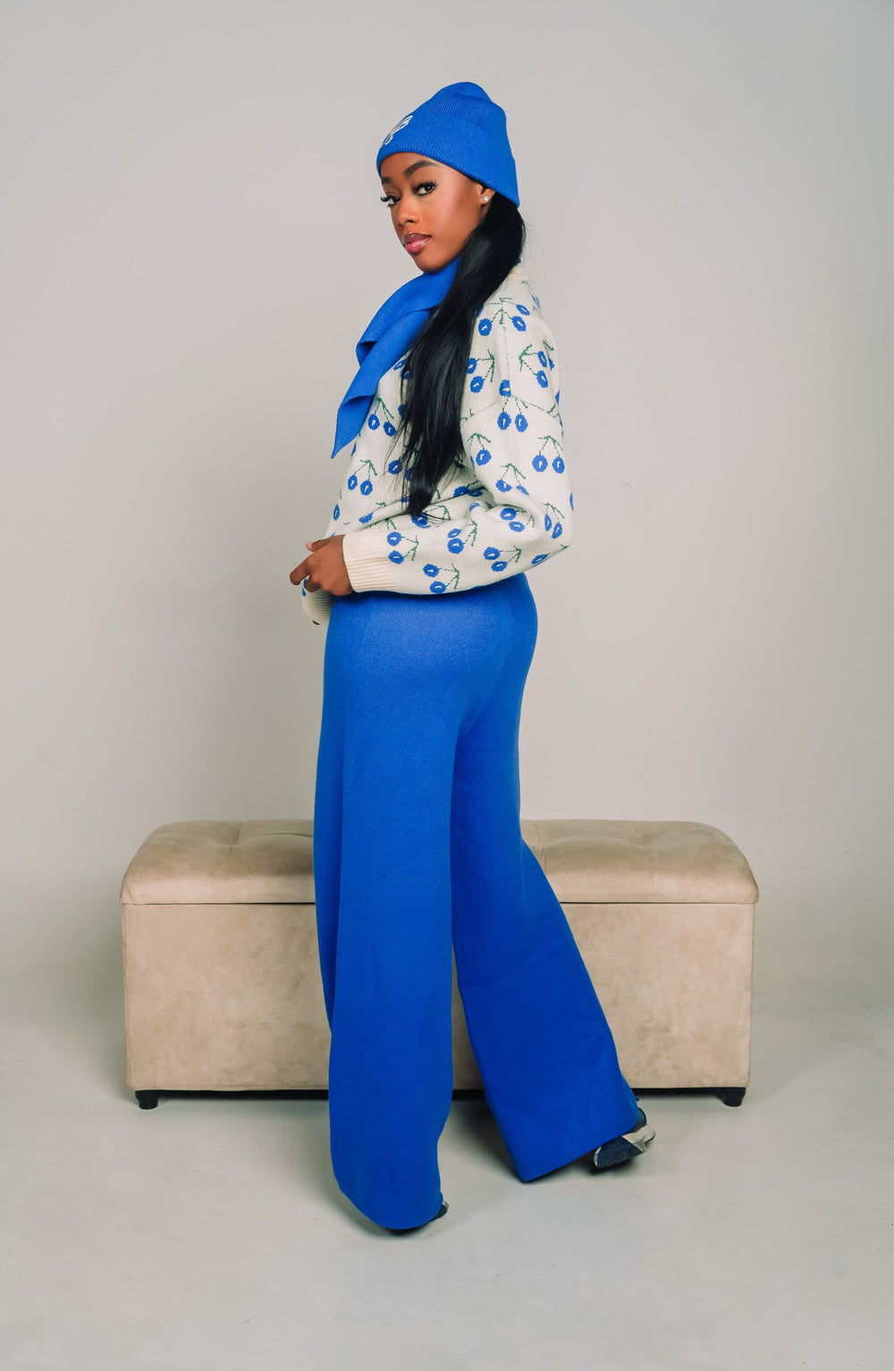 Cherry Knit High-Rise Pants, Blue, on model
