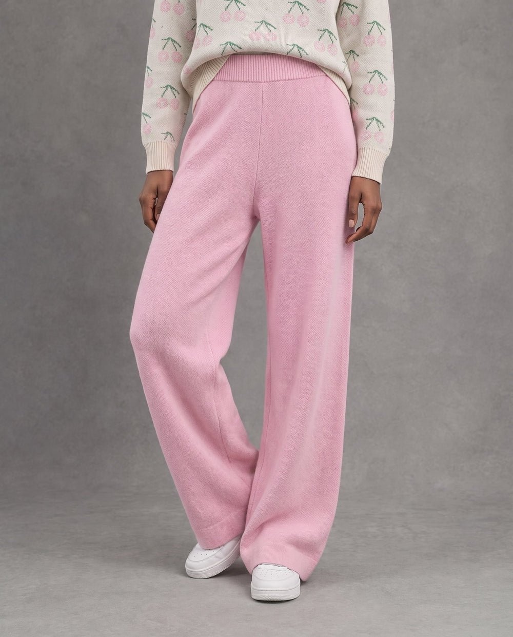 Cherry Knit High-Rise Pants, Pink, on model