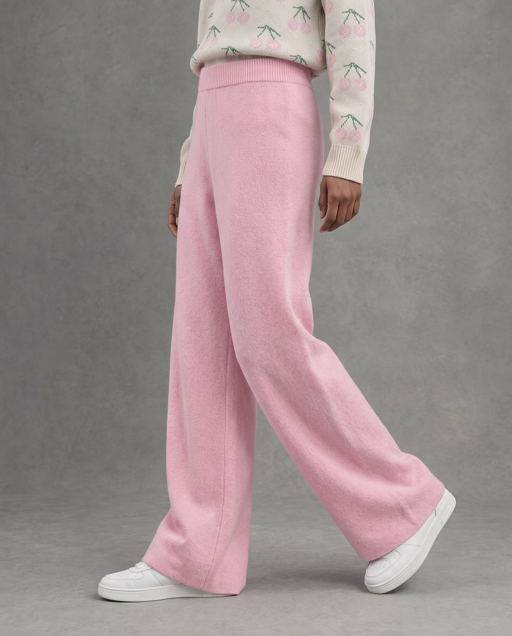 Cherry Knit High-Rise Pants, Pink, on model