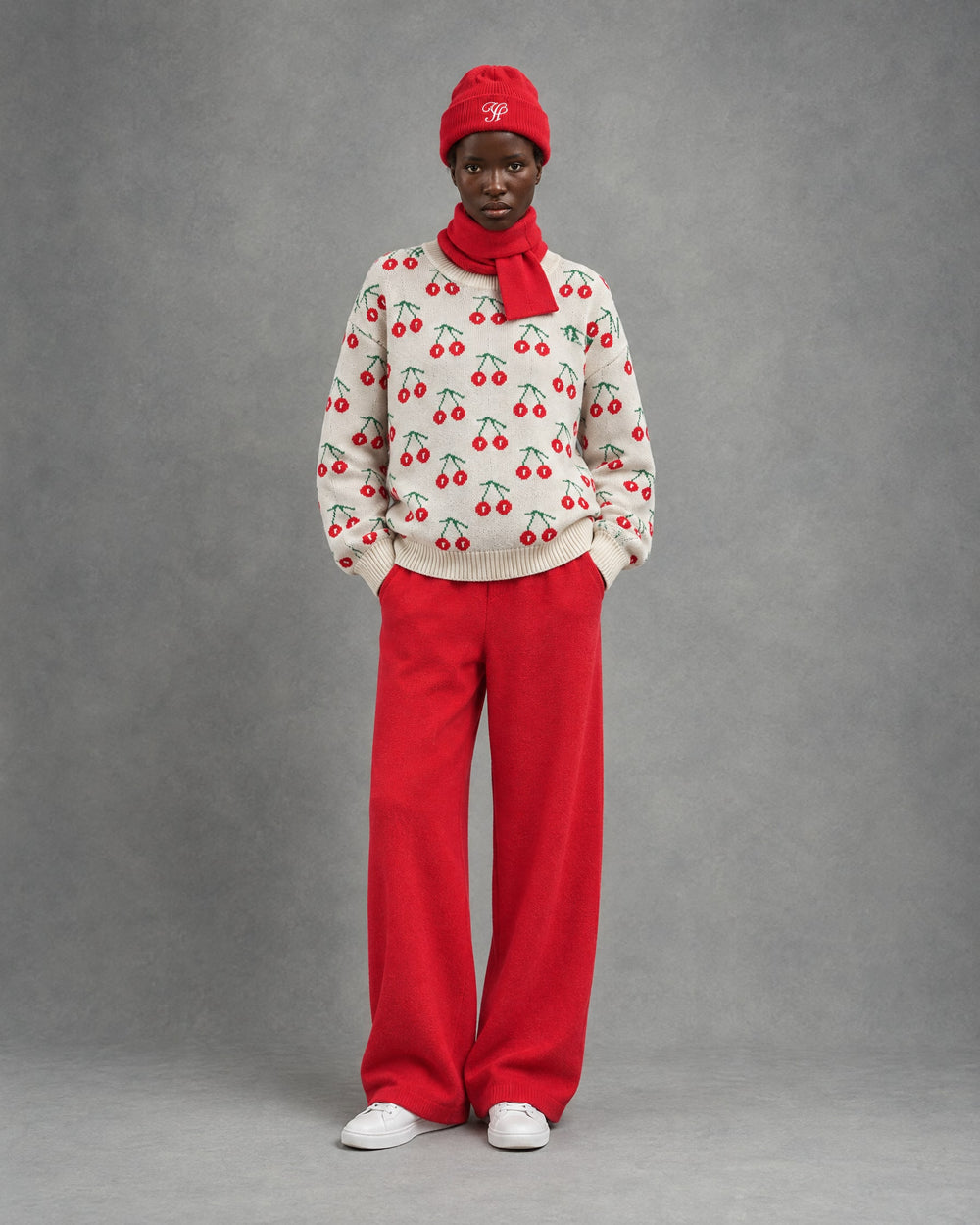 Cherry Knit Set on model, Red