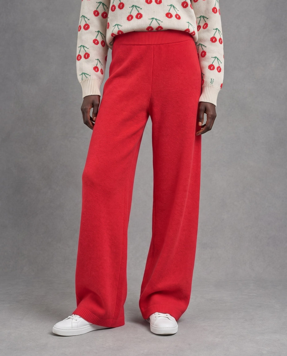 Cherry Knit High-Rise Pants, Red, on model