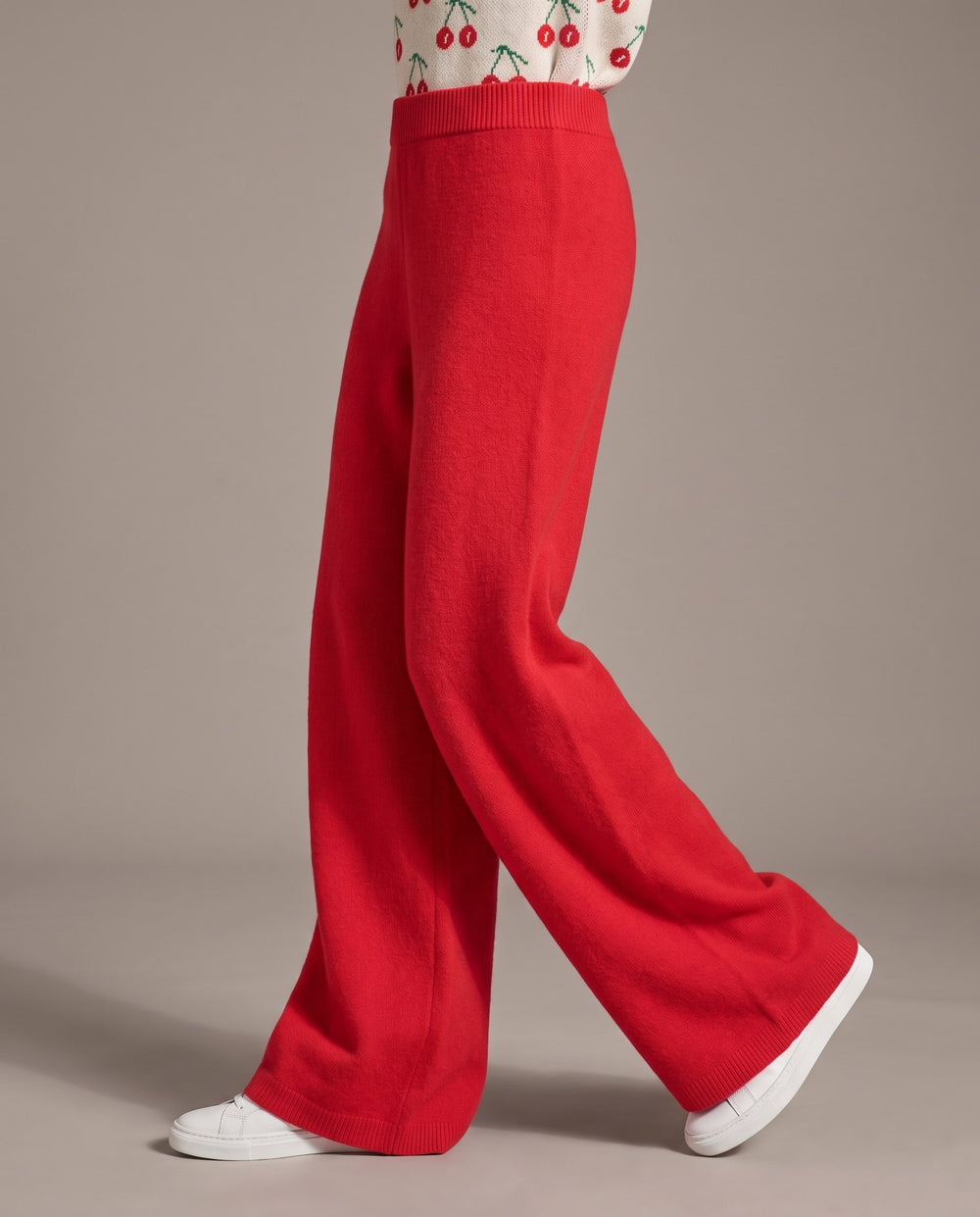 Cherry Knit High-Rise Pants, Red, on model