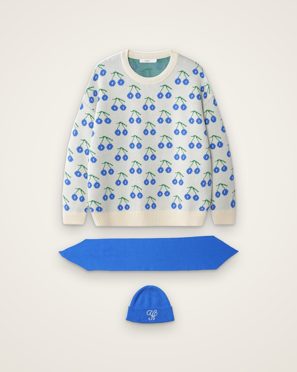 Cherry Knit Pullover with Neck Warmer & Beanie, Blue