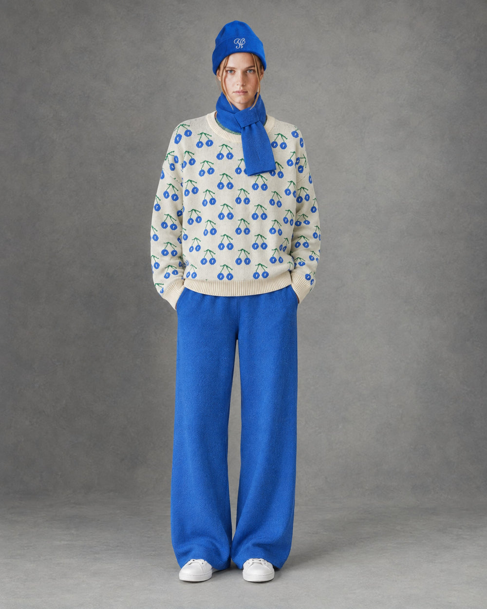 Cherry Knit Set on model, Blue