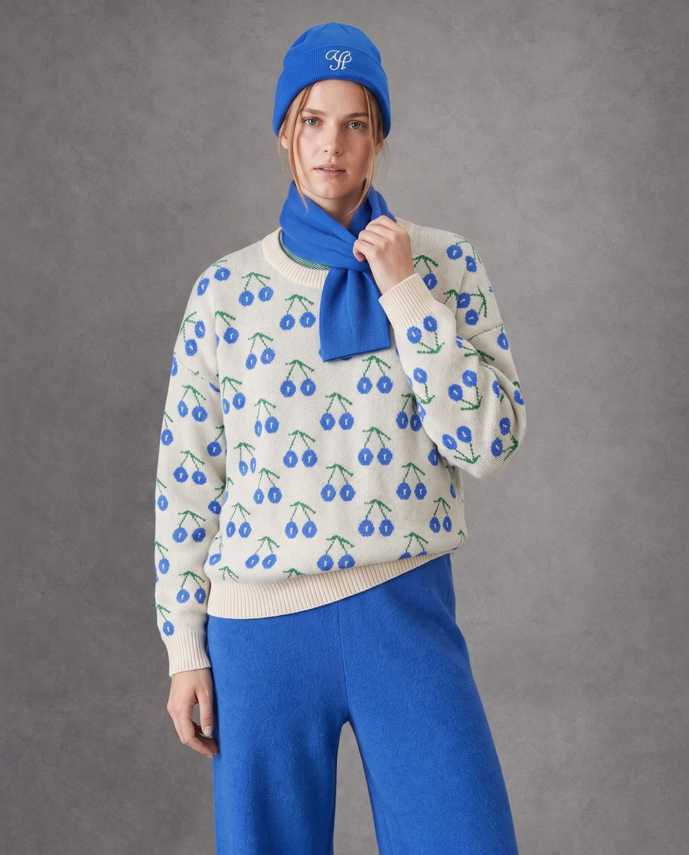 Cherry Knit Pullover with Neck Warmer & Beanie, Blue, on model