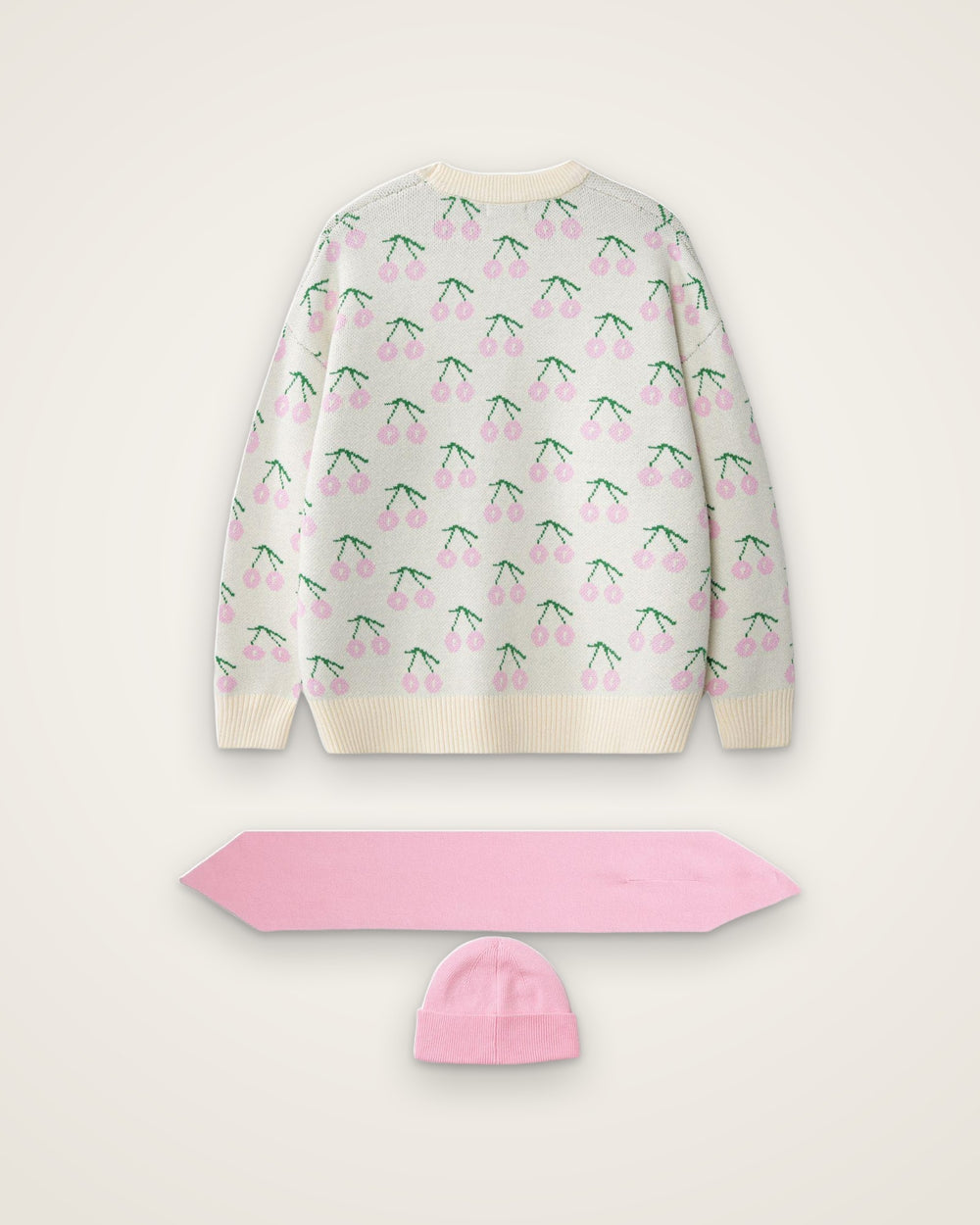Cherry Knit Pullover with Neck Warmer & Beanie, Pink