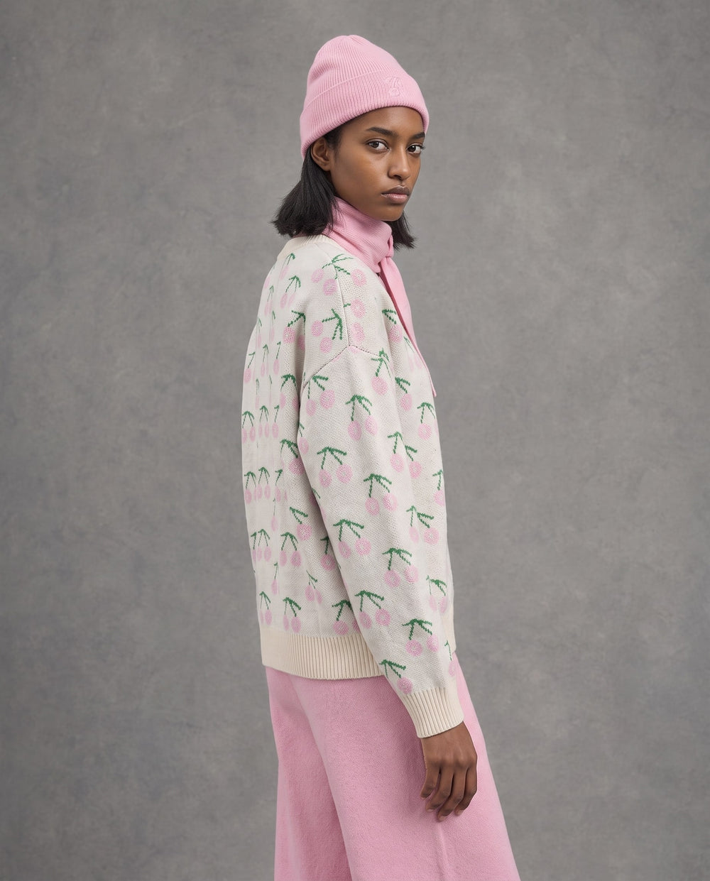 Cherry Knit Pullover with Neck Warmer & Beanie, Pink, on model