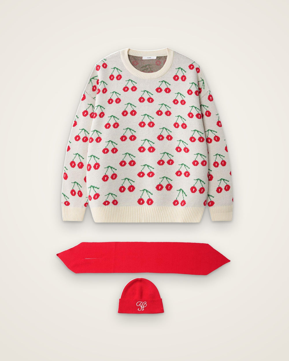 Cherry Knit Pullover with Neck Warmer & Beanie, Red