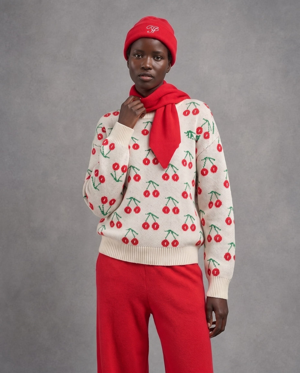 Cherry Knit Pullover with Neck Warmer & Beanie, Red, on model