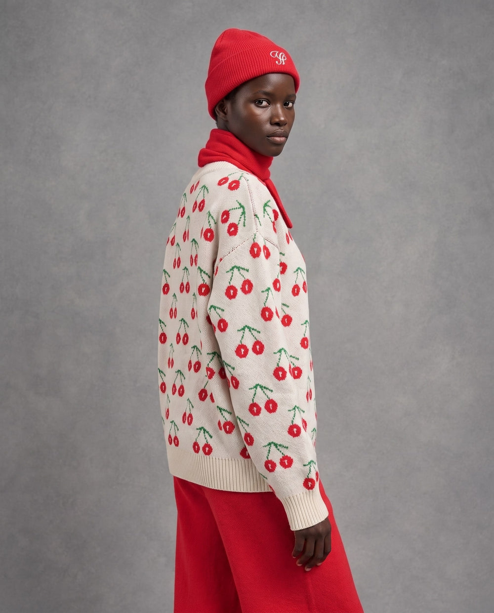 Cherry Knit Pullover with Neck Warmer & Beanie, Red, on model