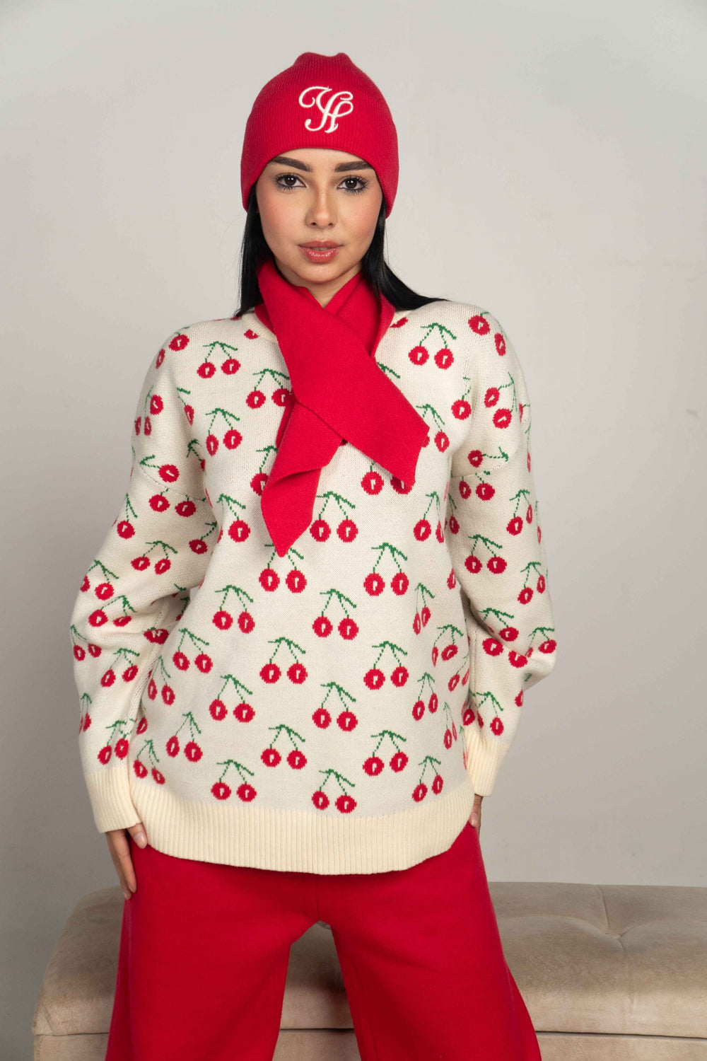 Cherry Knit Pullover with Neck Warmer & Beanie, Red, on model