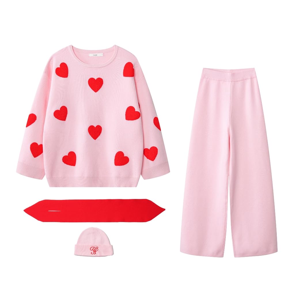 YUSHE Women’s Winter Co-Ord Set | 4-Piece 3D Heart Knit Sweater & High-Rise Pants | Matching Cap & Neck Warmer