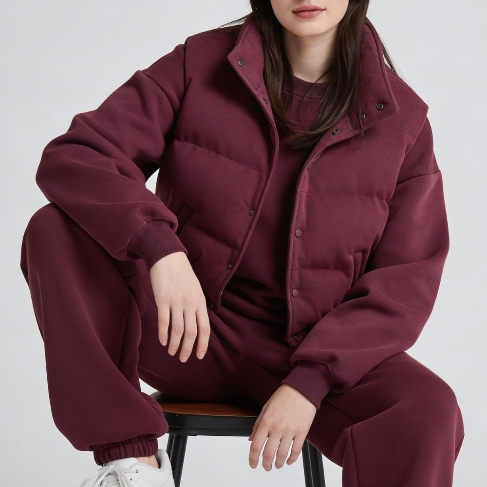 YUSHE Three Piece Sets for Women | Cotton Rich Sweatshirt and Jogger with Lightweight Puffer Jacket | Winter Cord Sets