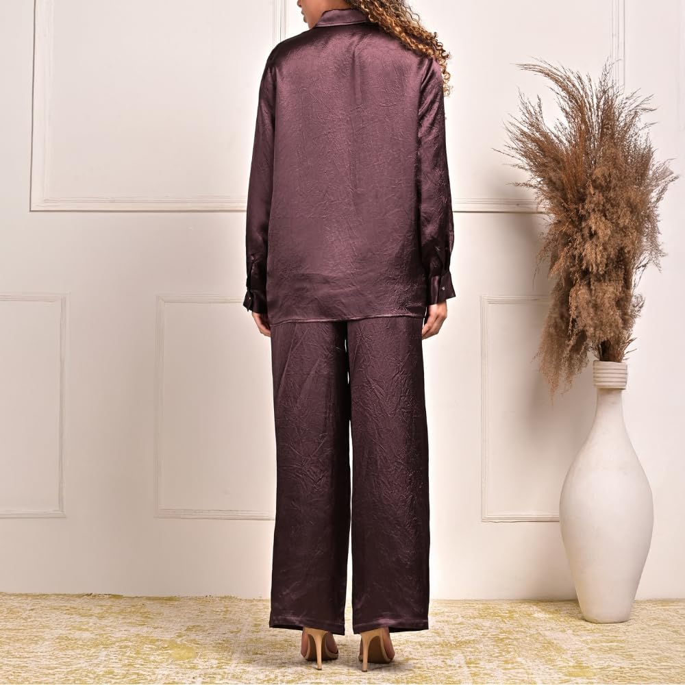 YUSHE 2-Piece Lounge Set for Women | Silky Shirt with Designer Buttons & Wide-Leg Pants with Pockets | Lounge Sets for Travel