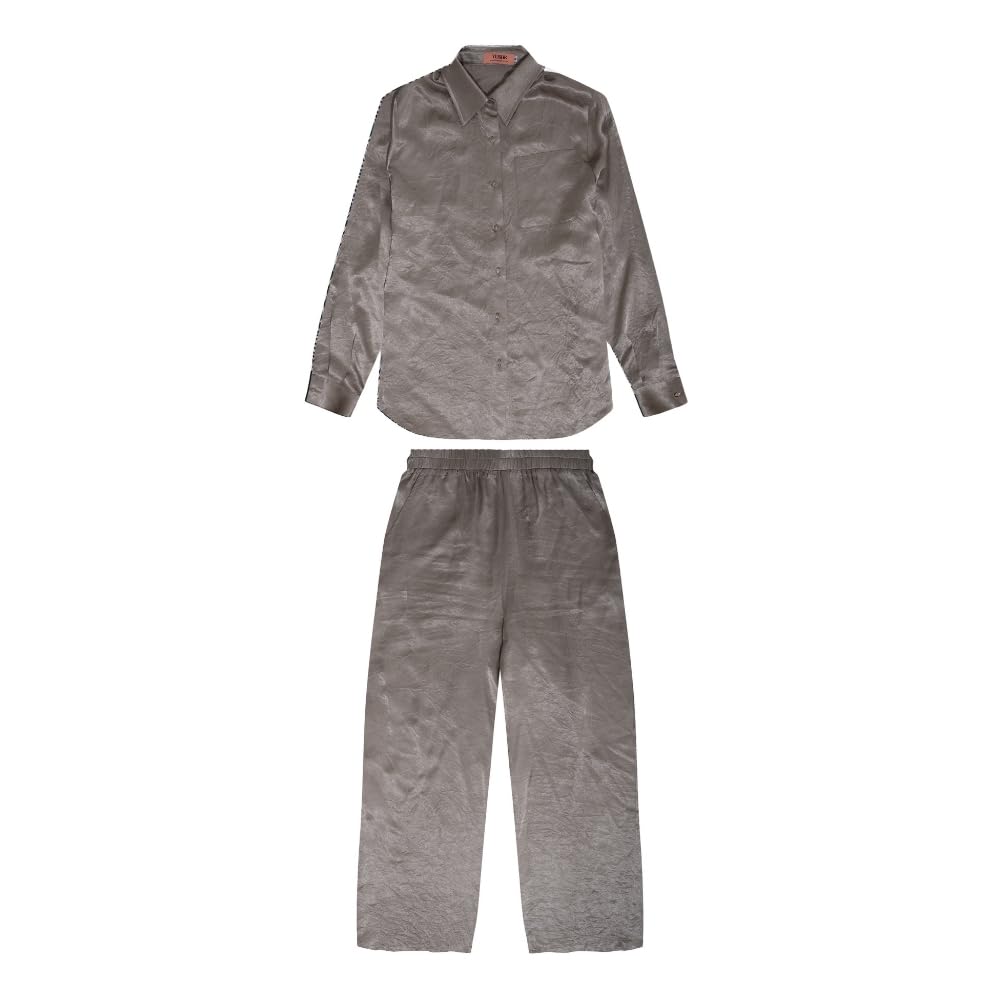 YUSHE 2-Piece Lounge Set for Women | Silky Shirt with Designer Buttons & Wide-Leg Pants with Pockets | Lounge Sets for Travel