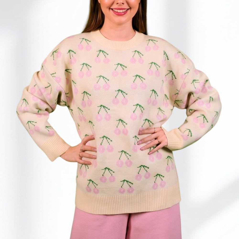 YUSHE Women 2 Piece Set | Cherry Motif Knit Sweater & High-Rise Pants | Winter Co-Ord Sets for Women | Loungewear for Travel