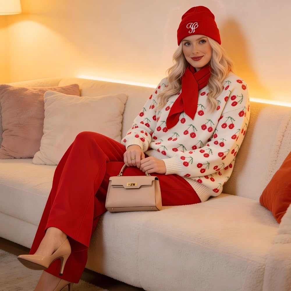 YUSHE Women’s Co-Ord Set | 4-Piece Knitted Cherry Motif Sweater & High-Rise Pants with Cap & Neck Warmer | Winter Lounge Set