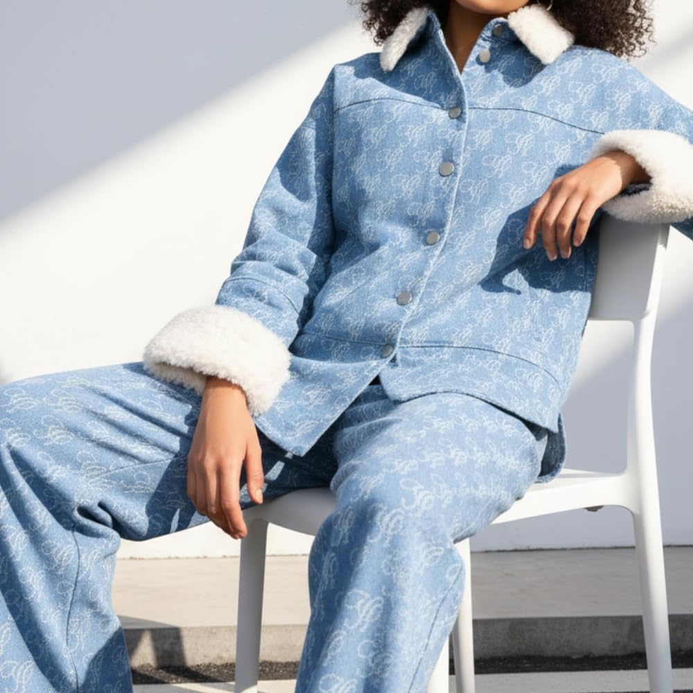 YUSHE 2 Piece Denim Outfit for Women | Button Down Shirt & Pant Set with Detachable Faux Fur | Cotton Rich Winter Set
