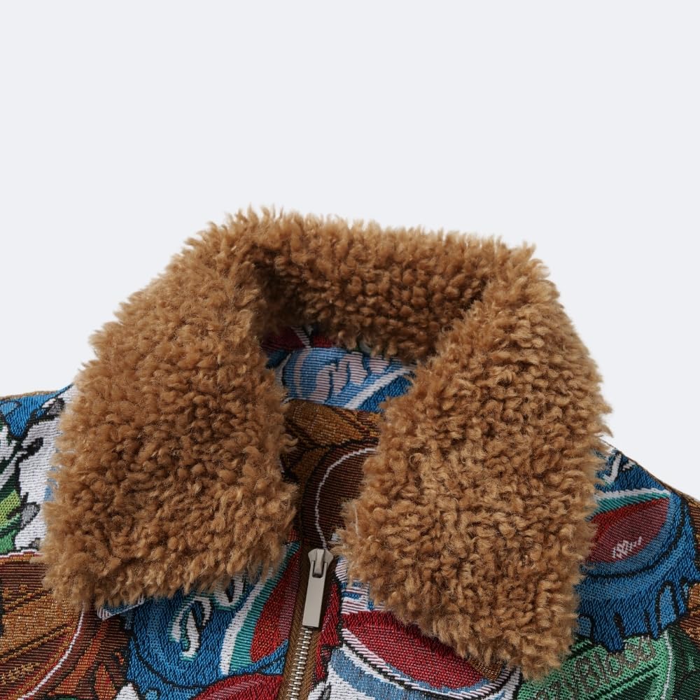 YUSHE Two Piece Jacket and Pants Set for Women | Zipper Jacket with Detachable Faux Fur Collar | Blue Floral Motif Winter Set