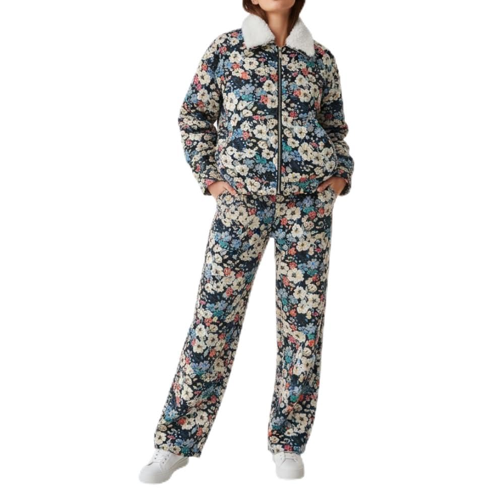 YUSHE Two Piece Jacket and Pants Set for Women | Zipper Jacket with Detachable Faux Fur Collar | Blue Floral Motif Winter Set