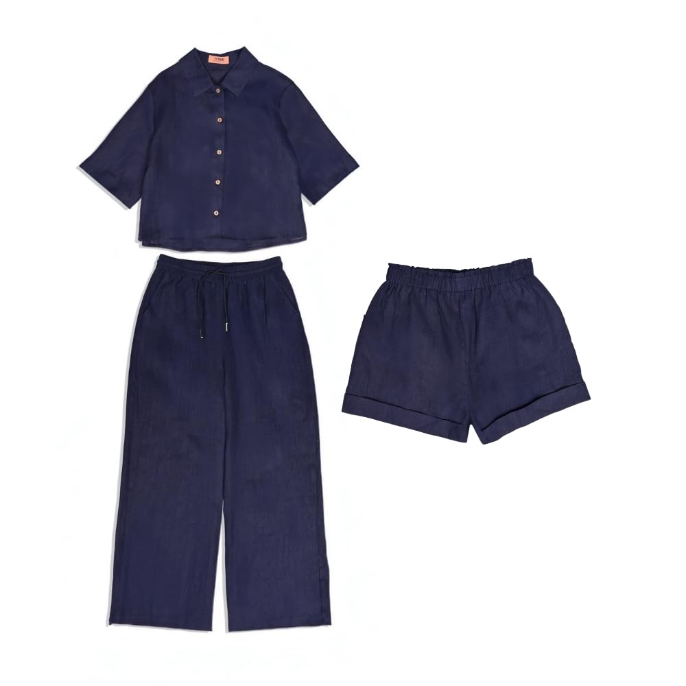 YUSHE 3 Piece Lounge Set for Women | Linen Crop Shirt with Shorts & Pants | Matching Co Ord Set | Loungewear for Travel
