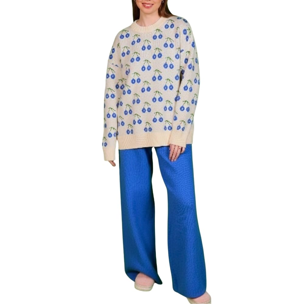 YUSHE Women 2 Piece Set | Cherry Motif Knit Sweater & High-Rise Pants | Winter Co-Ord Sets for Women | Loungewear for Travel