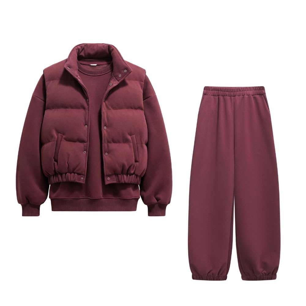 YUSHE Three Piece Sets for Women | Cotton Rich Sweatshirt and Jogger with Lightweight Puffer Jacket | Winter Cord Sets