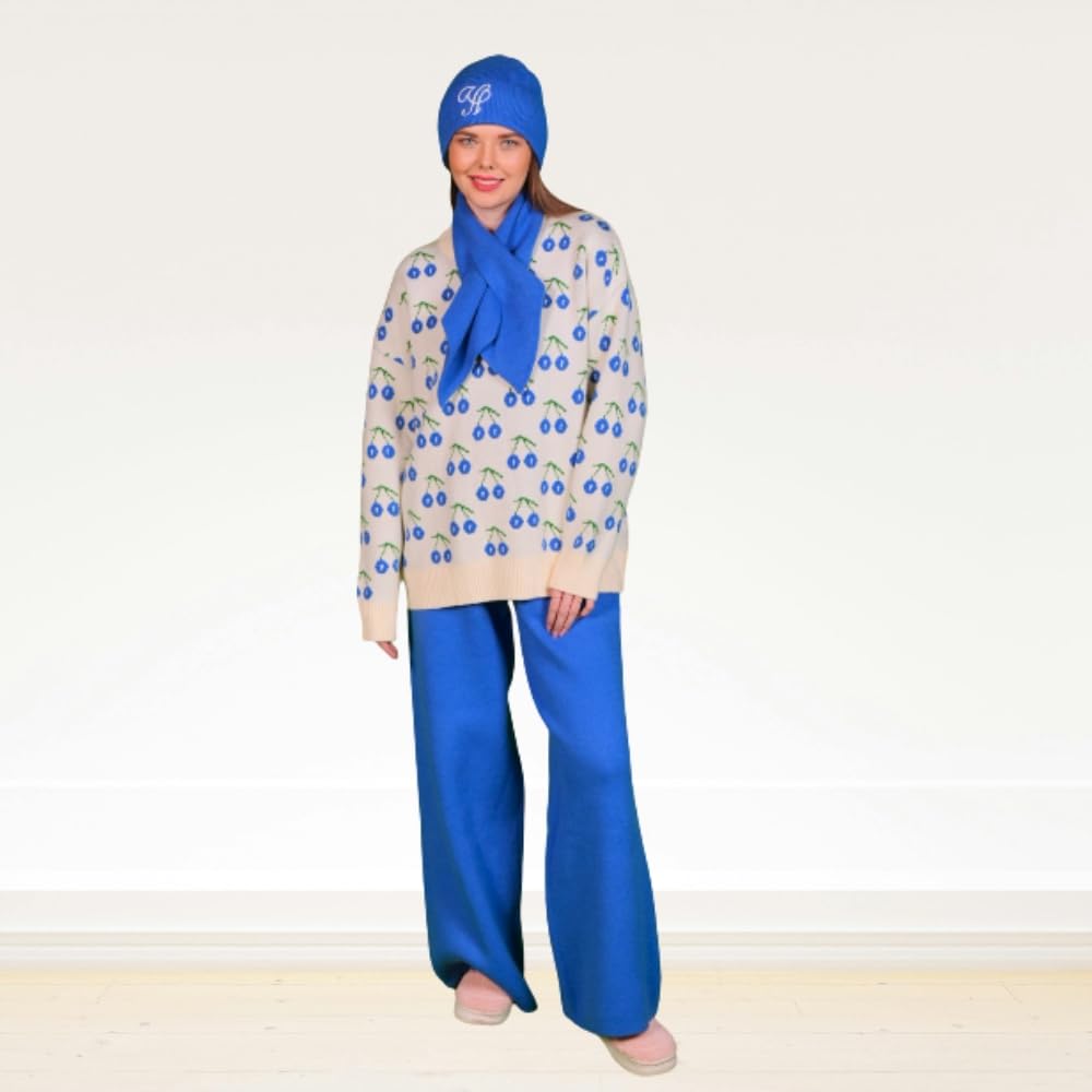 YUSHE Women’s Co-Ord Set | 4-Piece Knitted Cherry Motif Sweater & High-Rise Pants with Cap & Neck Warmer | Winter Lounge Set